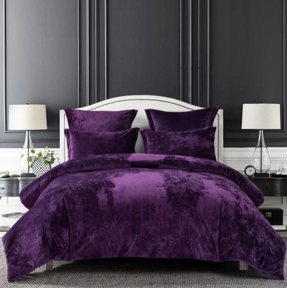 5pc Set Purple Soft Stonewashed Velvet Comforter and Shams Queen Size Gothic New